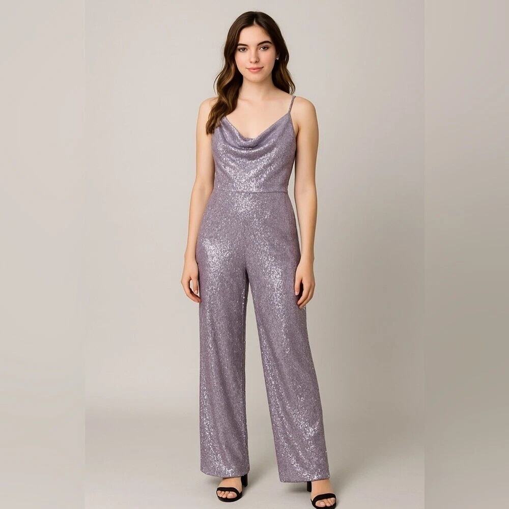 RANNA GILL Anthropologie Drape Neck Back Purple Sequin Jumpsuit size S NWT $248